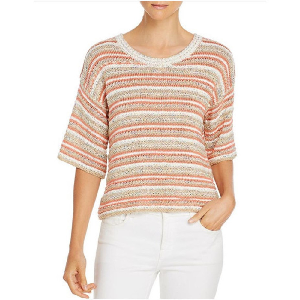 REBECCA TAYLOR Women multi-color gold shimmer stripe short sleeve knit top small